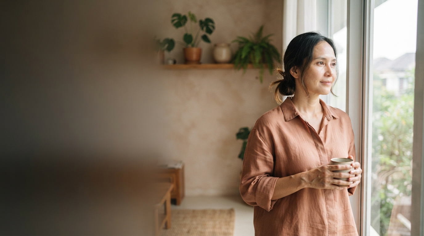 Perempuan tenang memegang cangkir di rumah